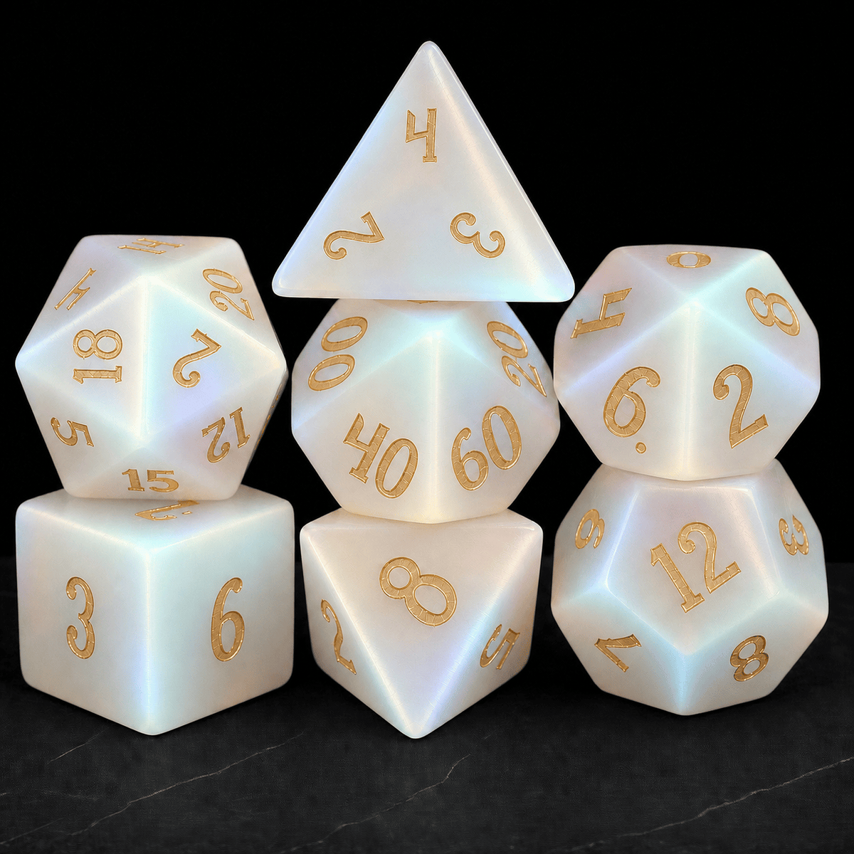 Moonlit Opal iridescent white gemstone DnD dice set