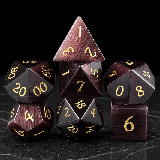 Crimson Eclipse burgundy & gold gemstone DnD dice set
