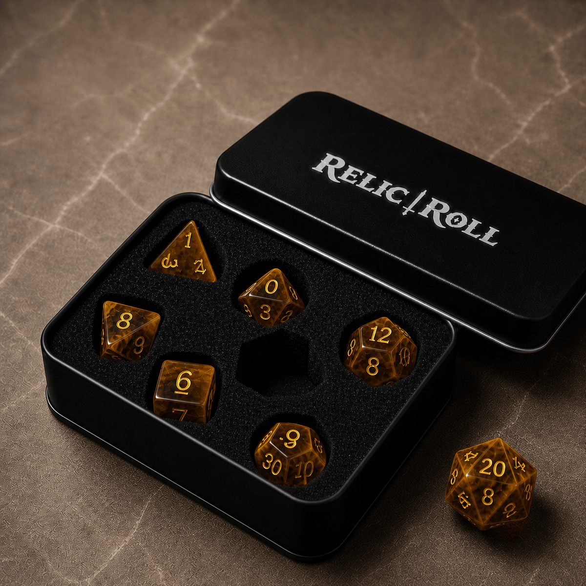Tiger's Vigil - Gemstone Dice Set Tiger's Vigil | Amber Gold 7-Piece Gemstone DnD Dice Set for RPGs