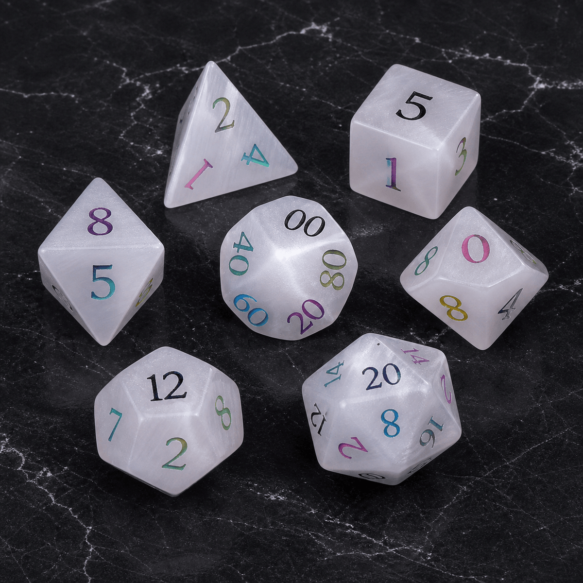 Chromatic Whisper - Gemstone Dice Set Chromatic Whisper | White Rainbow 7-Piece Gemstone DnD Dice Set for RPGs
