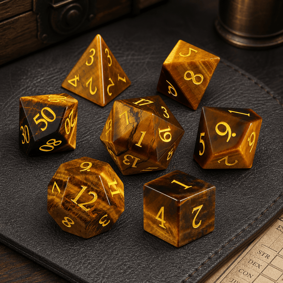 Tiger's Vigil - Gemstone Dice Set Tiger's Vigil | Amber Gold 7-Piece Gemstone DnD Dice Set for RPGs