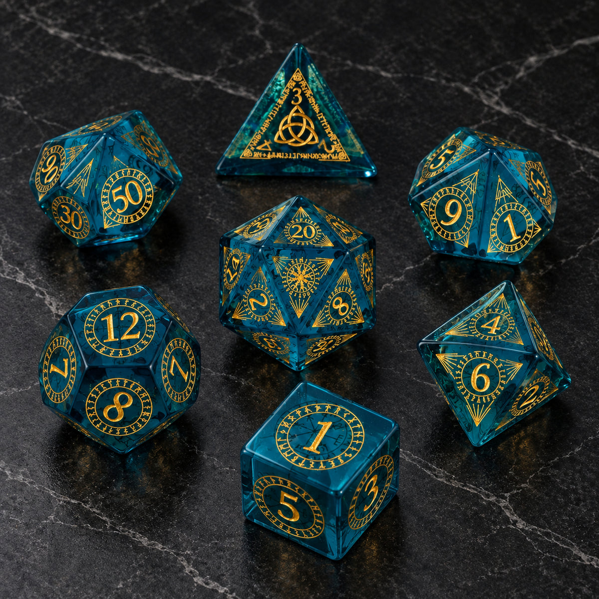 Tidal Prism flatlay - K9 Blue Crystal Glass DnD dice set