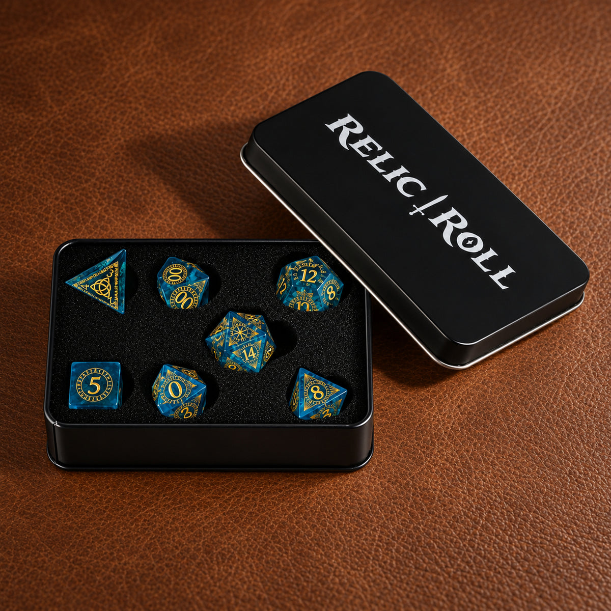 Tidal Prism packaging - K9 Blue Crystal Glass DnD dice set