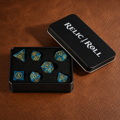 Tidal Prism packaging - K9 Blue Crystal Glass DnD dice set