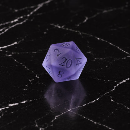 Lavender Silence - D20 gemstone die on black marble