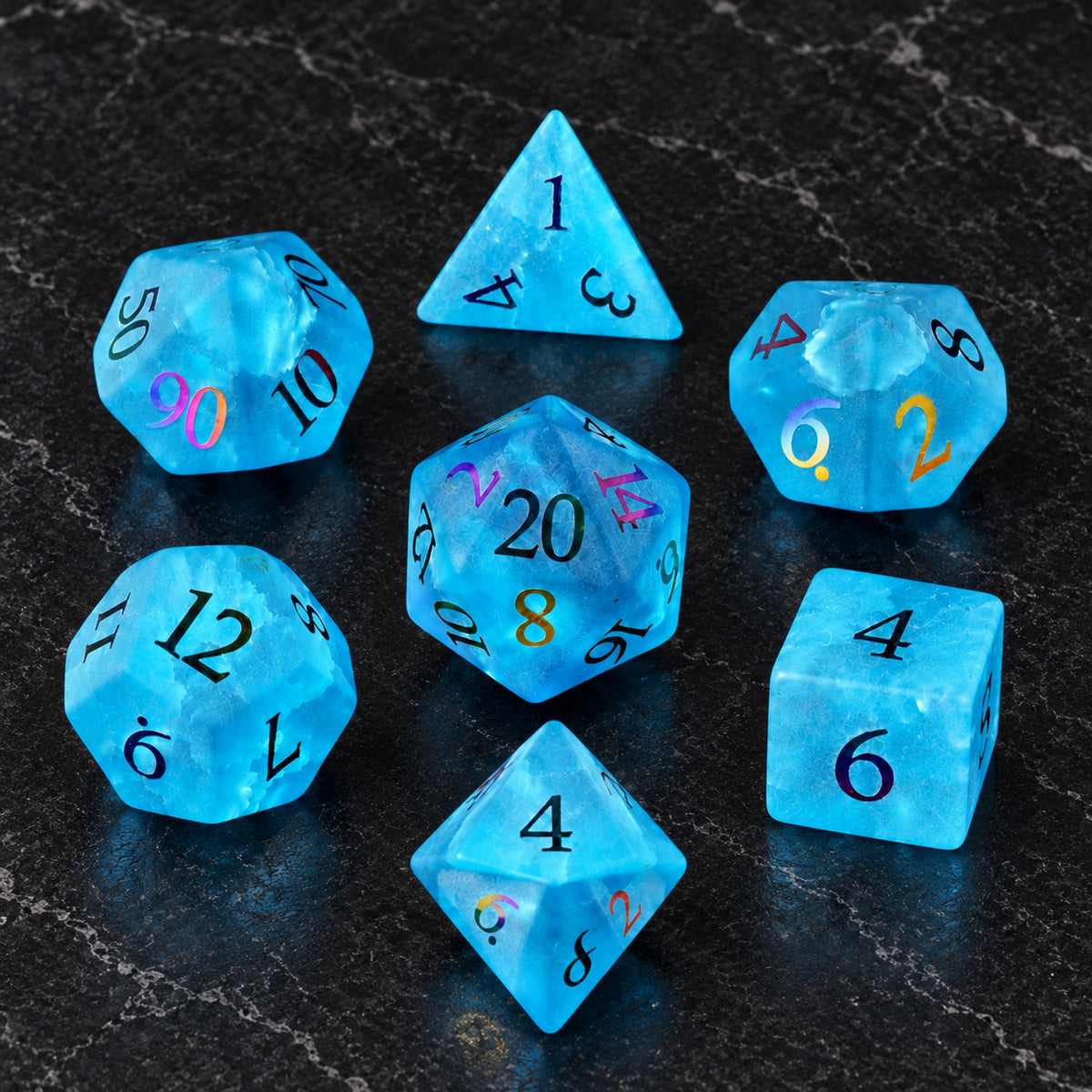 Frostwake Oracle flatlay - Frosted Aqua Crystal Glass DnD dice set