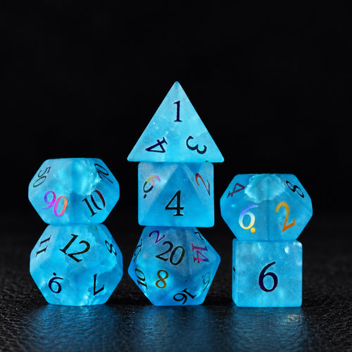 Frostwake Oracle main - Frosted Aqua Crystal Glass DnD dice set
