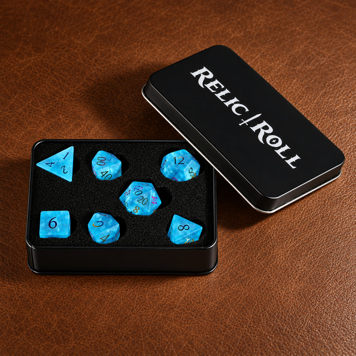 Frostwake Oracle packaging - Frosted Aqua Crystal Glass DnD dice set