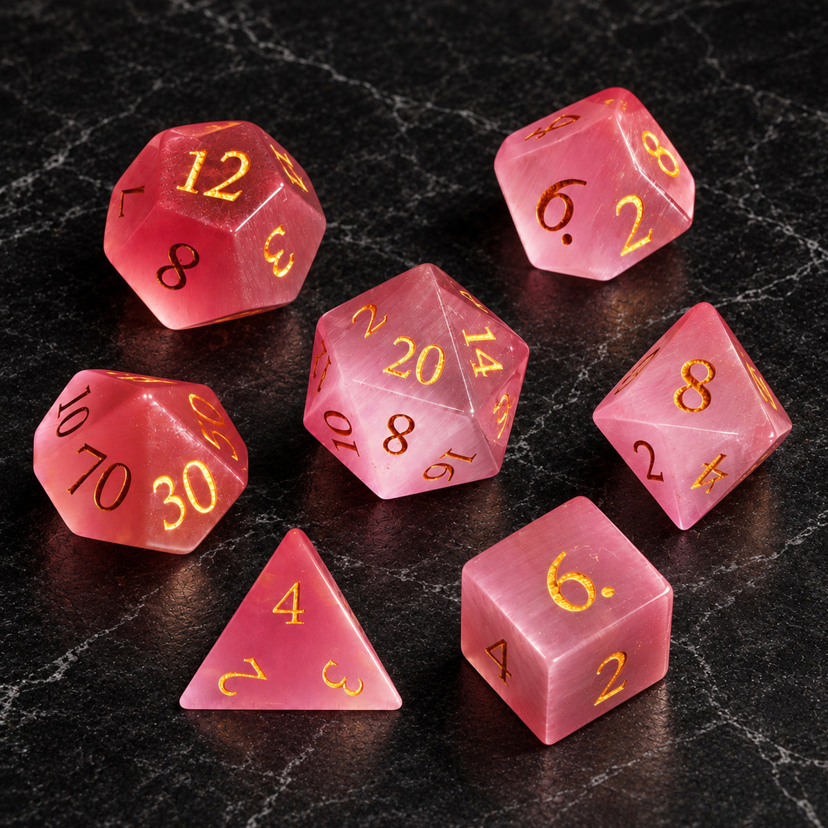 Roseveil Prophecy - seven-piece dice set flat lay on black marble