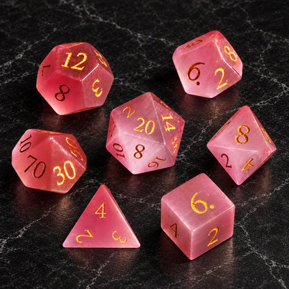 Roseveil Prophecy - seven-piece dice set flat lay on black marble