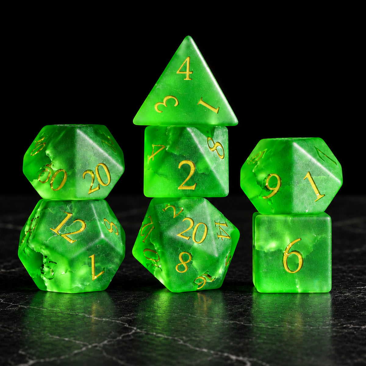 Verdant Fracture - complete seven-piece gemstone dice set