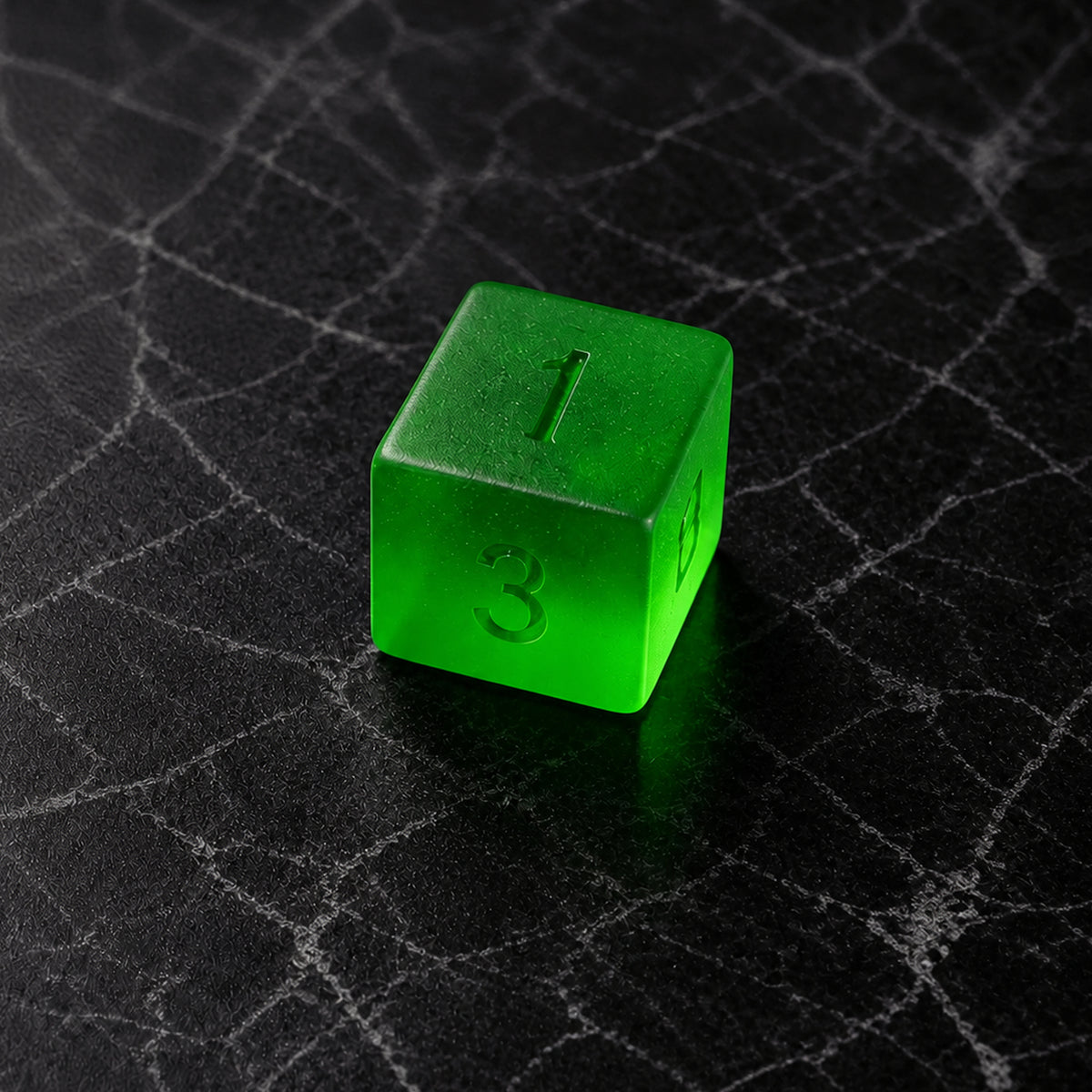 Verdant Fracture - D6 gemstone die on black marble