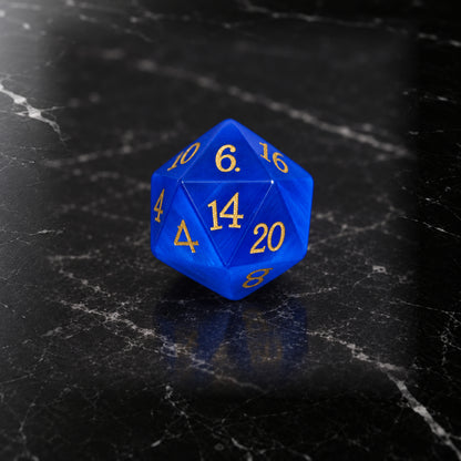 Azure Sentinel - D20 gemstone die on black marble