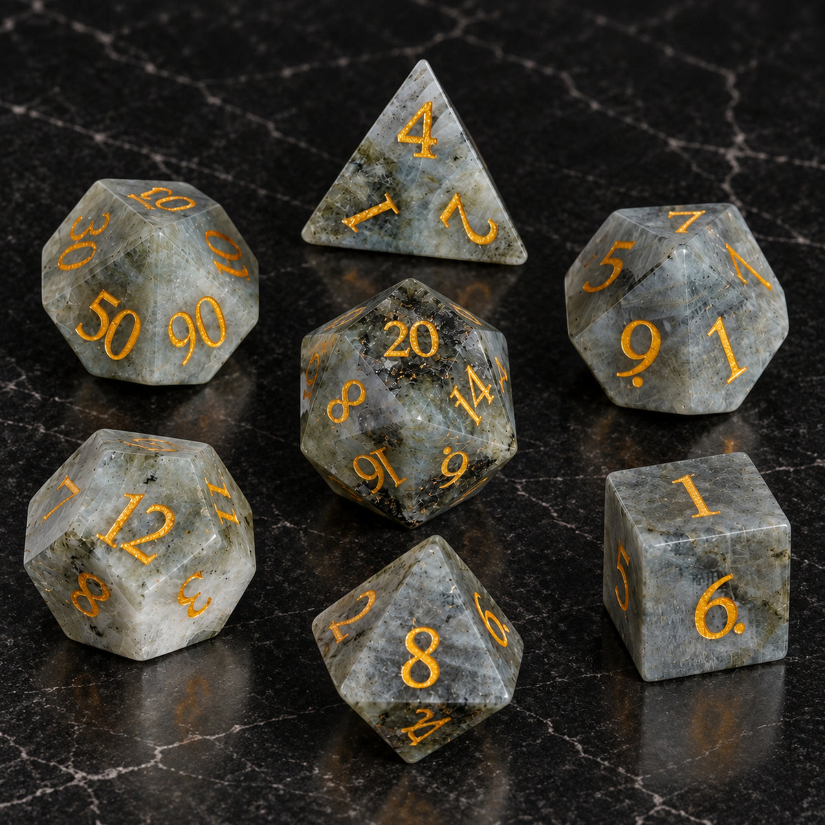 Moonlit Cairn flatlay - Blue-White Gemstone DnD dice set
