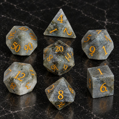 Moonlit Cairn flatlay - Blue-White Gemstone DnD dice set