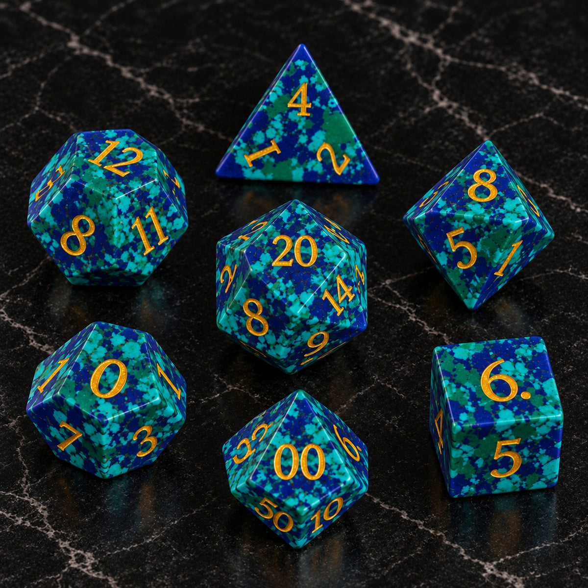 Verdigris Covenant flatlay - Chrysocolla DnD dice set