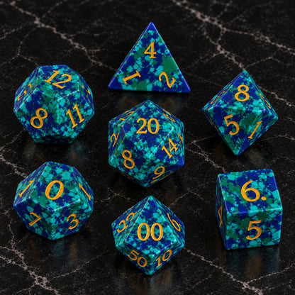 Verdigris Covenant flatlay - Chrysocolla DnD dice set
