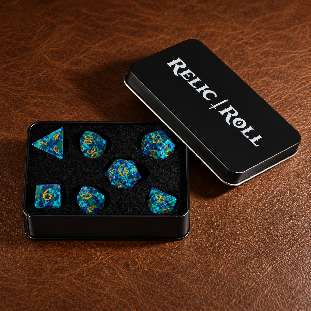 Verdigris Covenant packaging - Chrysocolla DnD dice set
