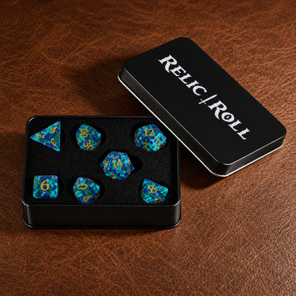 Verdigris Covenant packaging - Chrysocolla DnD dice set