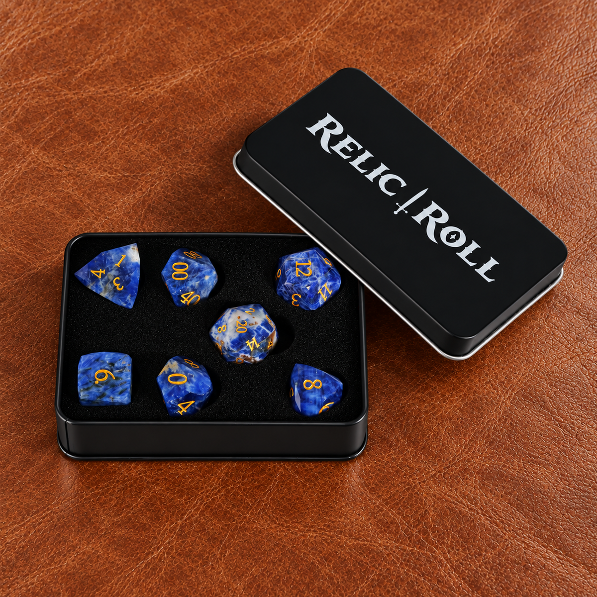 Lapis Crown Natural Lapis Lazuli DnD dice with Relic Roll case