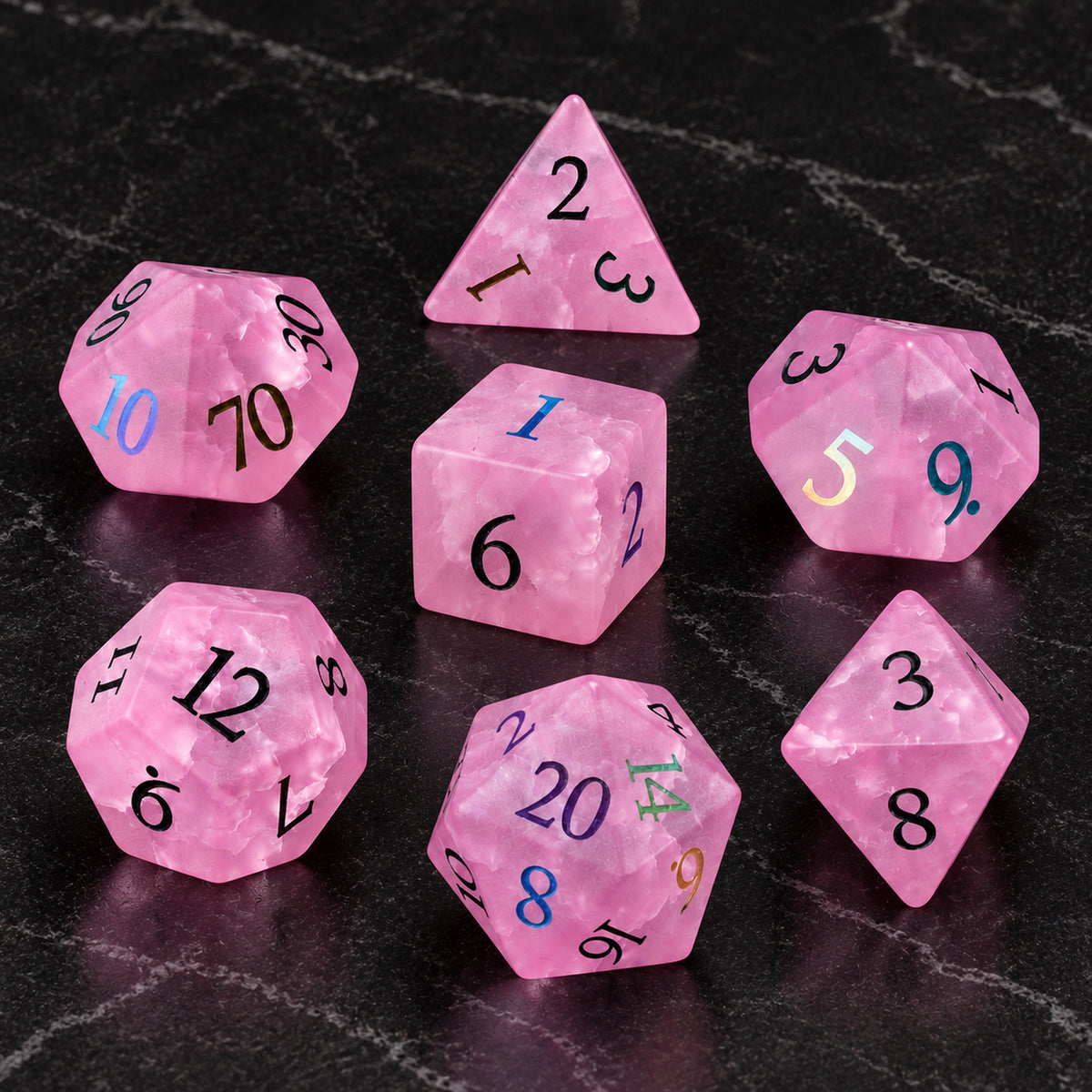 Roselight Vow flatlay - Rose Quartz DnD dice set