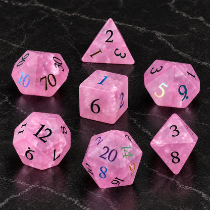 Roselight Vow flatlay - Rose Quartz DnD dice set