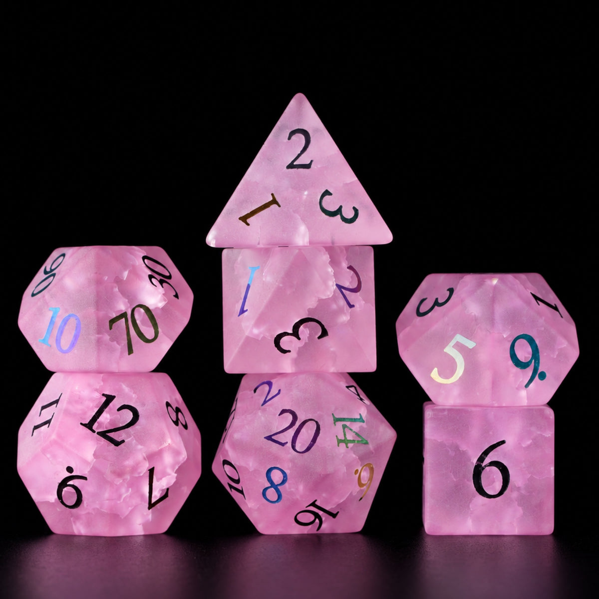 Roselight Vow main - Rose Quartz DnD dice set