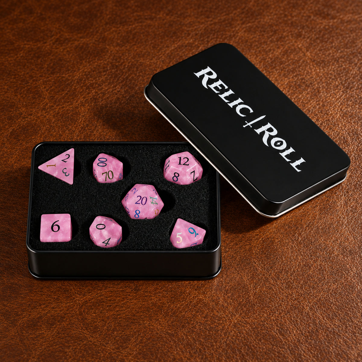 Roselight Vow packaging - Rose Quartz DnD dice set
