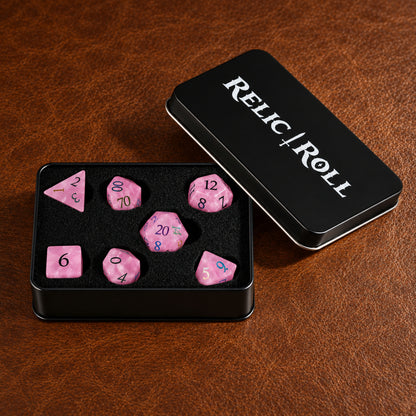 Roselight Vow packaging - Rose Quartz DnD dice set
