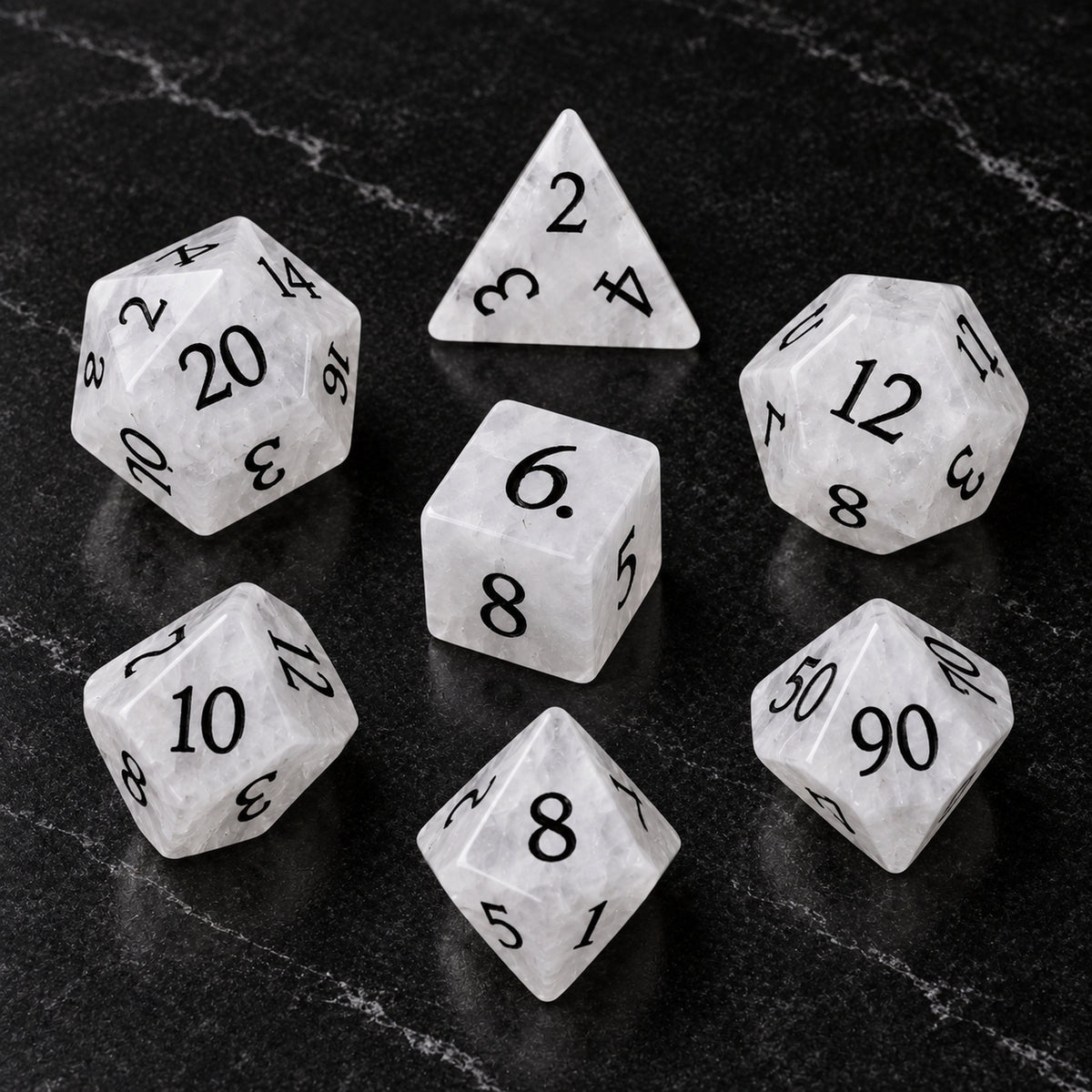 Veiled Ossuary flatlay - White Howlite DnD dice set