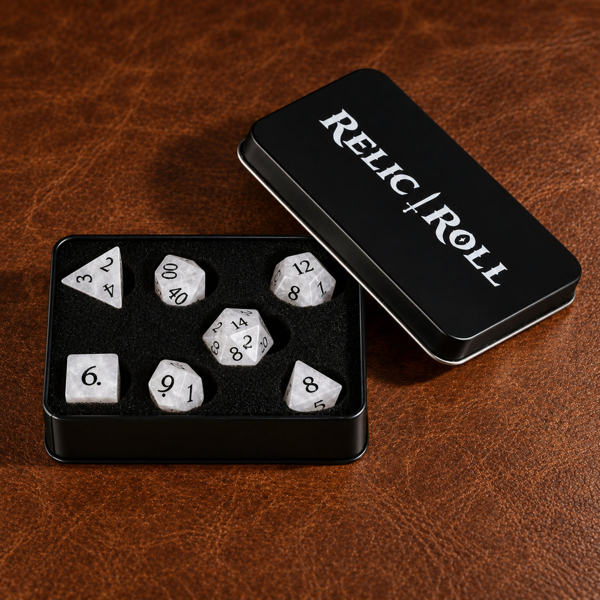 Veiled Ossuary packaging - White Howlite DnD dice set