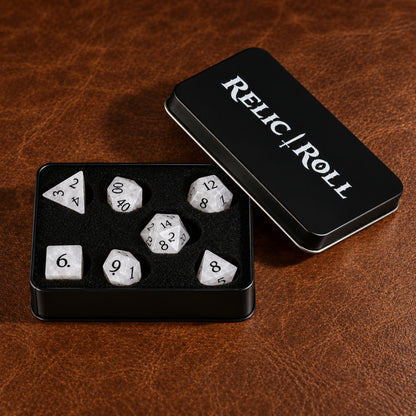Veiled Ossuary packaging - White Howlite DnD dice set