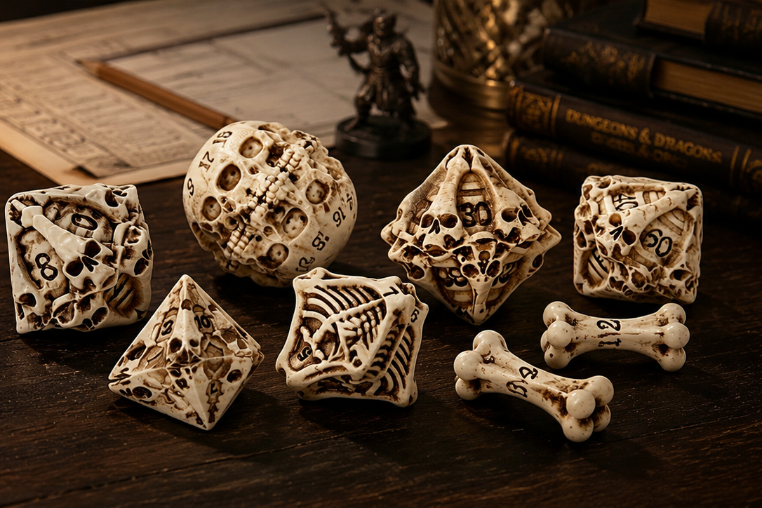 A set of bone-colored D20 tabletop gaming dice with black skeletal patterns, arranged on a dark wooden tabletop next to a rolled parchment and a miniature dark figure.