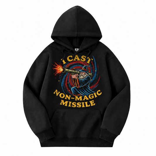 I Cast Non-Magic Missile black D&D hoodie front view
