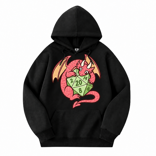Dragon’s Lucky D20 black D&D hoodie front view