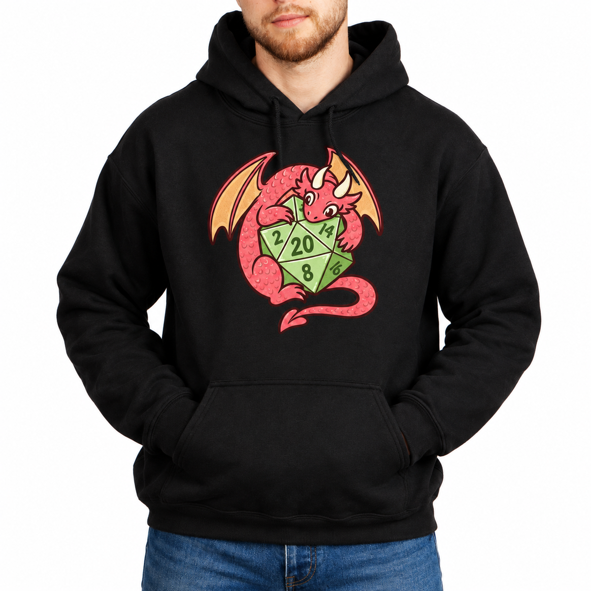 Male model wearing Dragon’s Lucky D20 black D&D hoodie