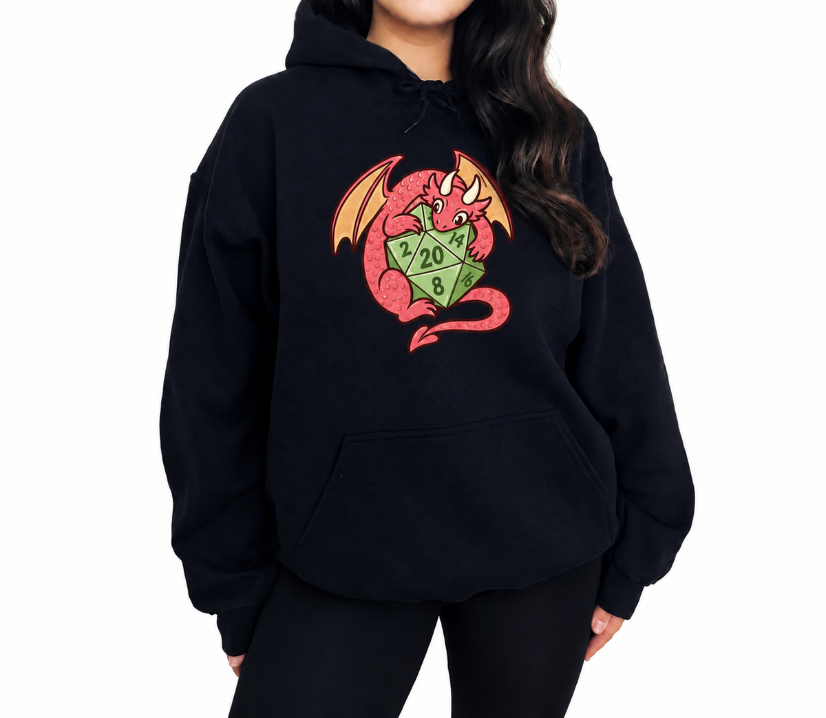 Female model wearing Dragon’s Lucky D20 black D&D hoodie