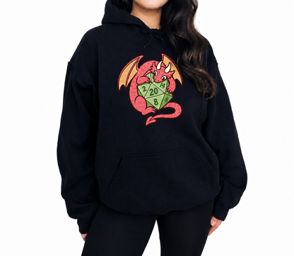 Female model wearing Dragon’s Lucky D20 black D&D hoodie