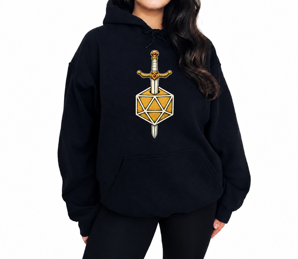 Female model wearing Sword & D20 black D&D hoodie