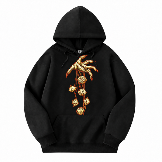Roll of Fate black D&D hoodie front view