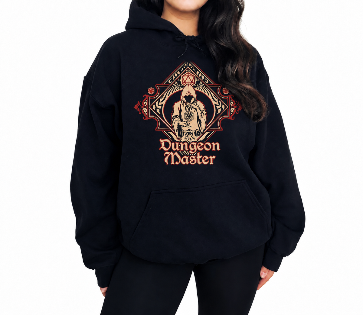 Female model wearing Dungeon Master black D&D hoodie