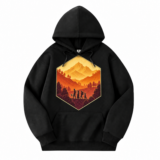 The Adventure Party black D&D hoodie front view