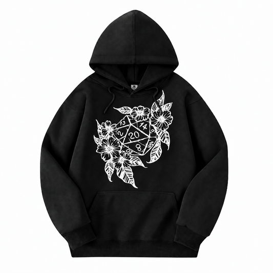 Floral Dragon D20 black D&D hoodie front view