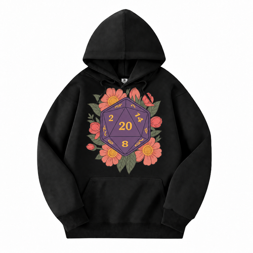 Floral D20 black D&D hoodie front view