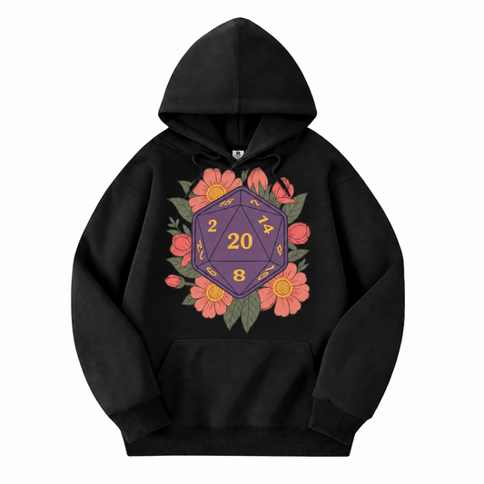 Floral D20 black D&D hoodie front view