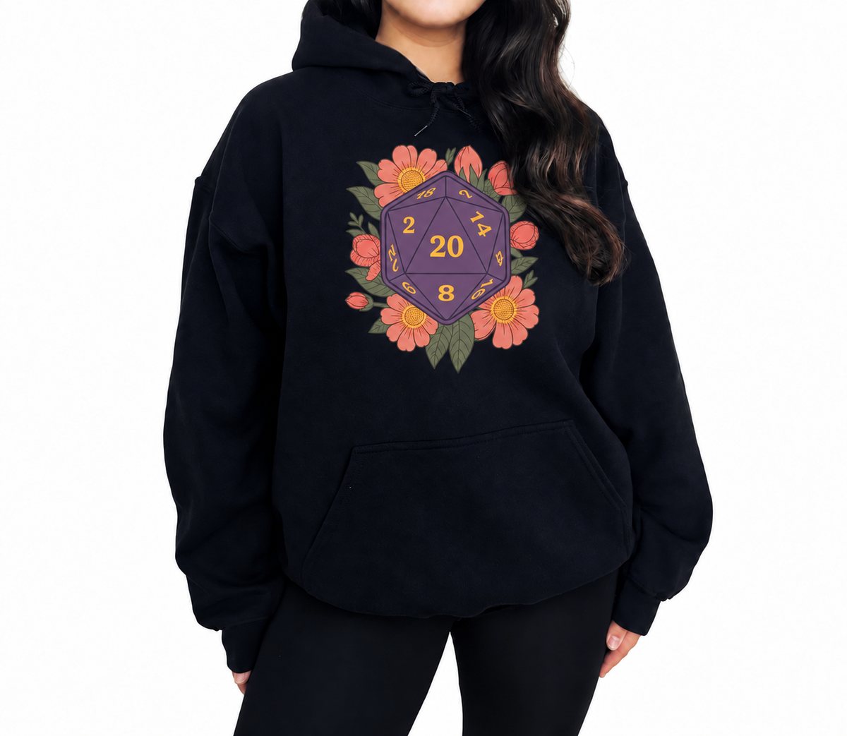 Female model wearing Floral D20 black D&D hoodie