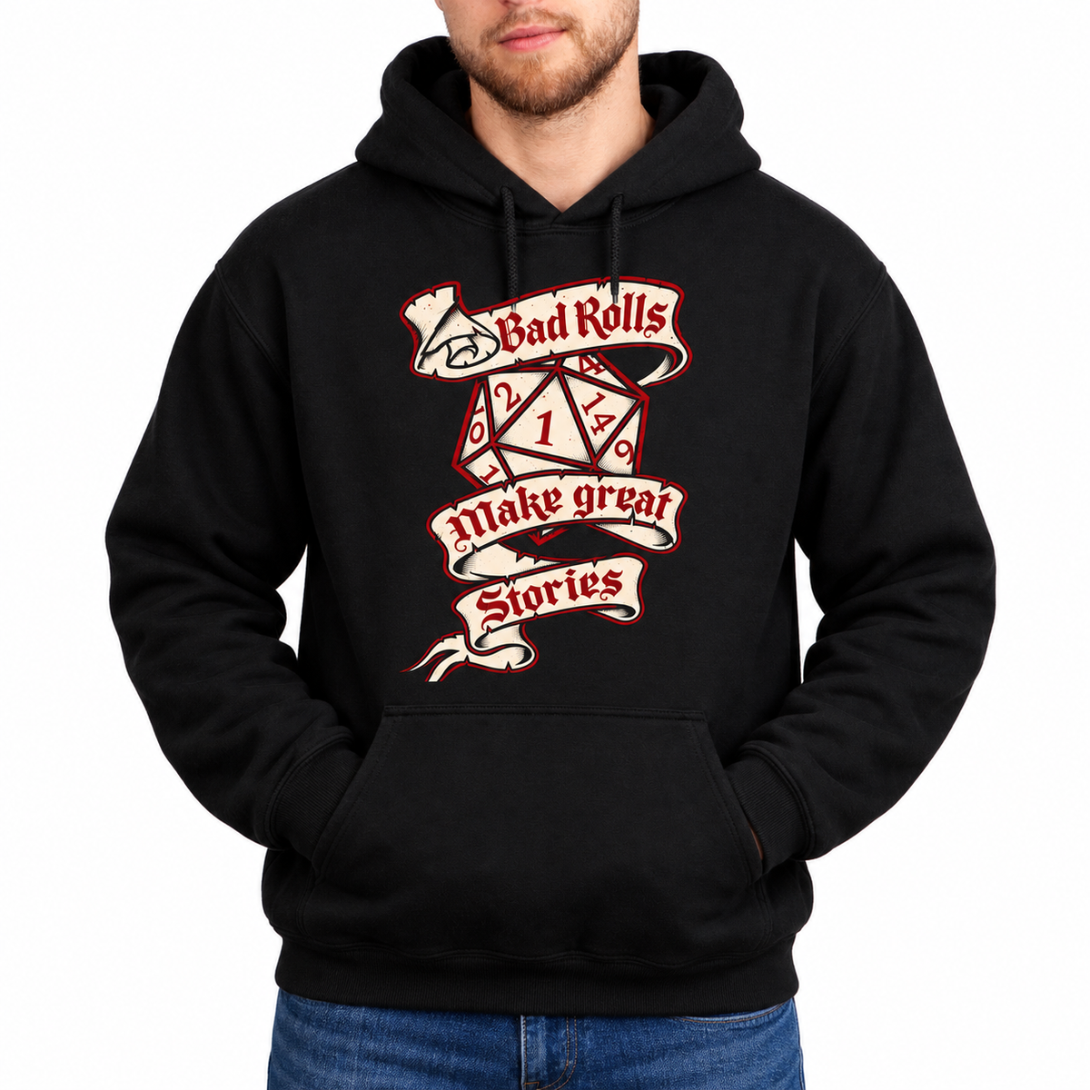 Male model wearing Bad Rolls Make Great Stories black D&D hoodie