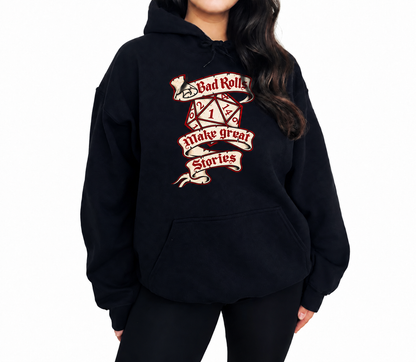 Female model wearing Bad Rolls Make Great Stories black D&D hoodie