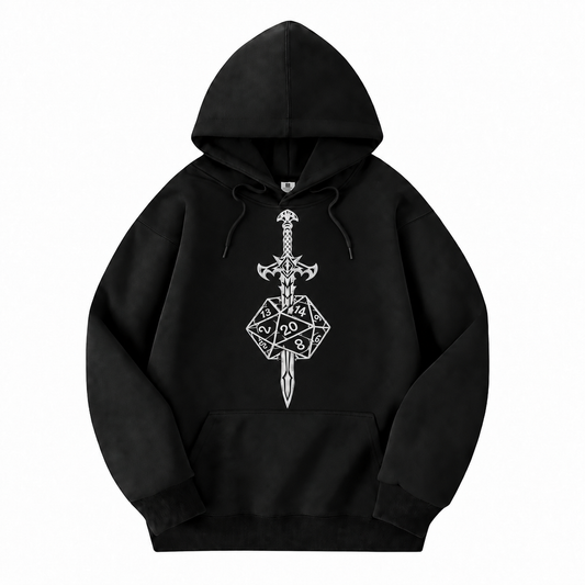 Sword & Dice black D&D hoodie front view