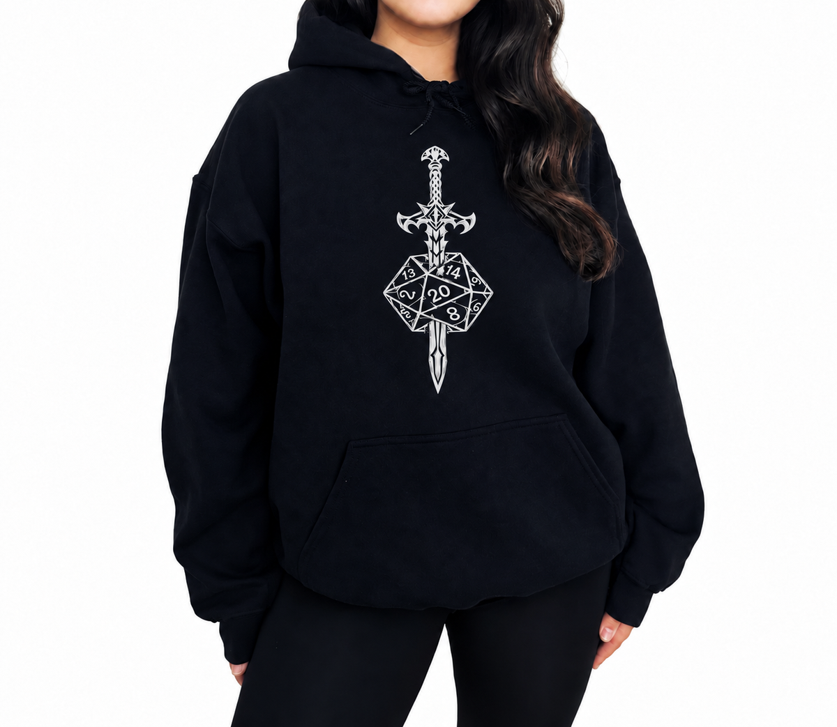 Female model wearing Sword & Dice black D&D hoodie